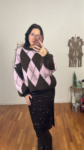 Maglione rombi cioccolato e rosa