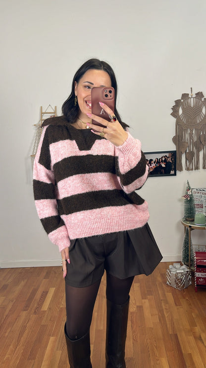 Maglione righe caffè e rosa