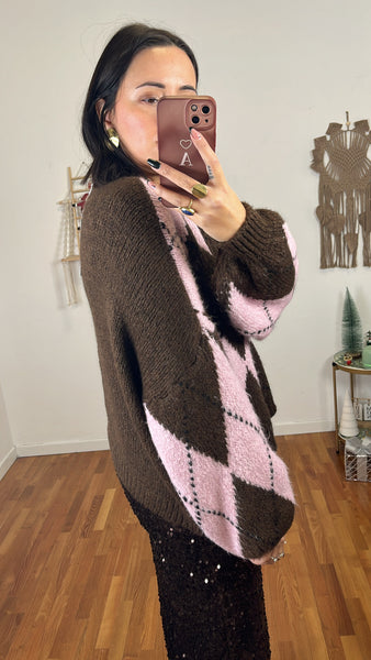 Maglione rombi cioccolato e rosa