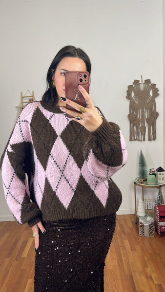 Maglione rombi cioccolato e rosa