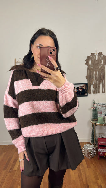 Maglione righe caffè e rosa