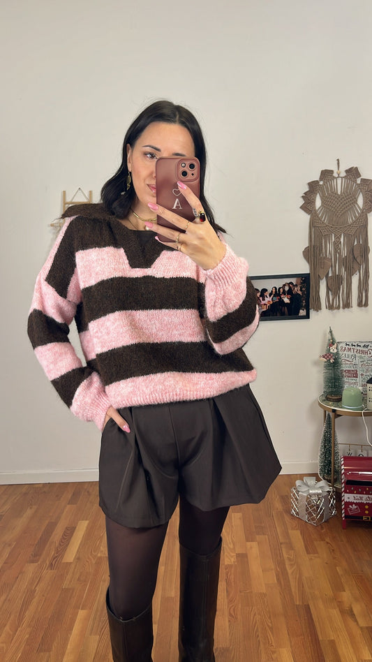 Maglione righe caffè e rosa