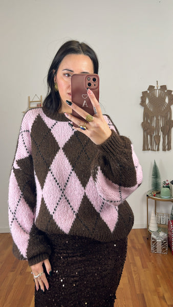 Maglione rombi cioccolato e rosa
