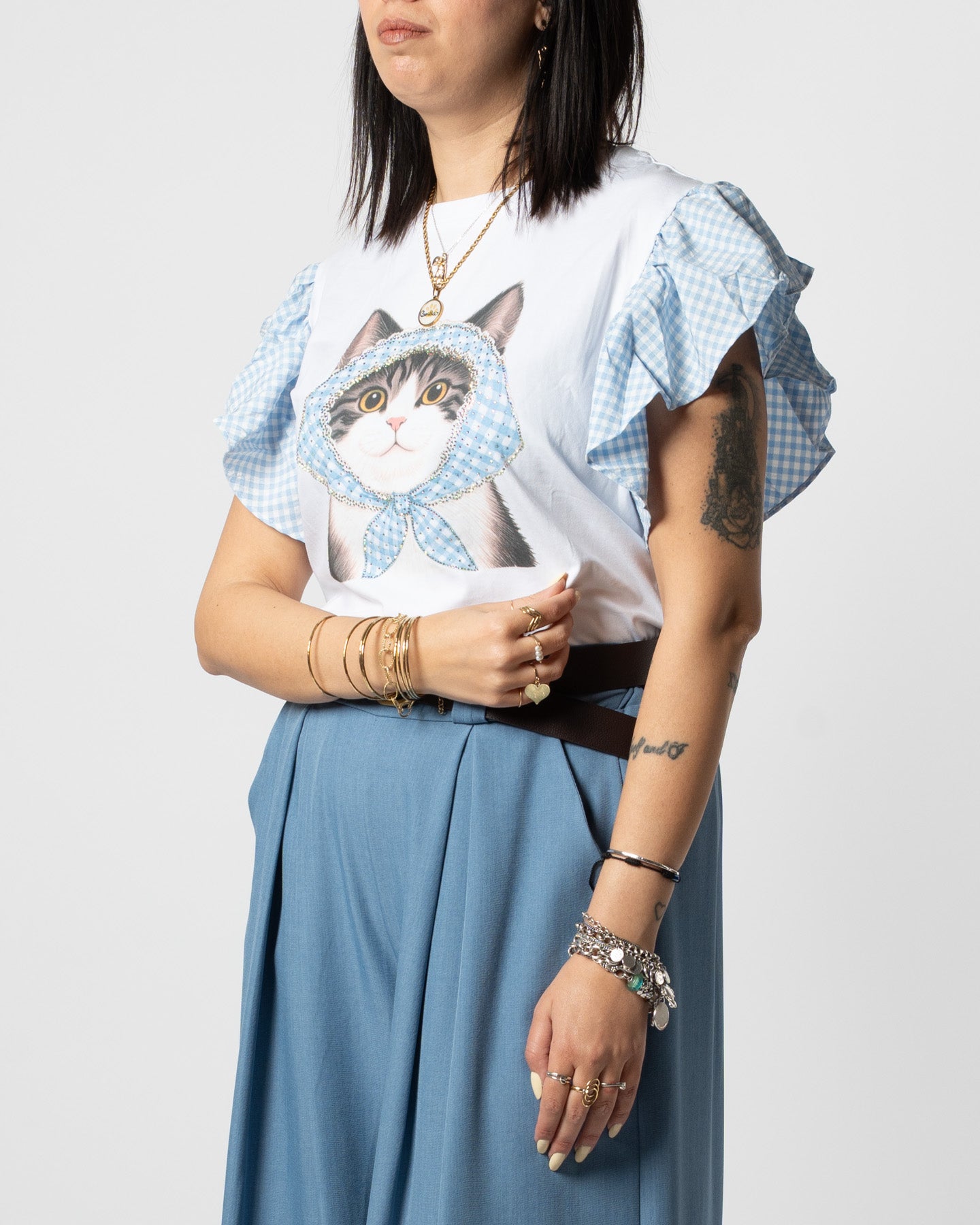 T-shirt celeste gatto