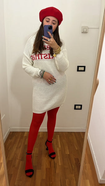 Maxi pull Merry christmas panna e rosso