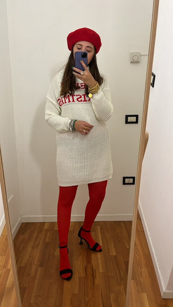 Maxi pull Merry christmas panna e rosso