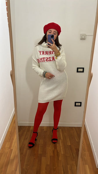 Maxi pull Merry christmas panna e rosso