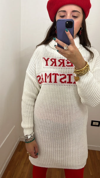 Maxi pull Merry christmas panna e rosso